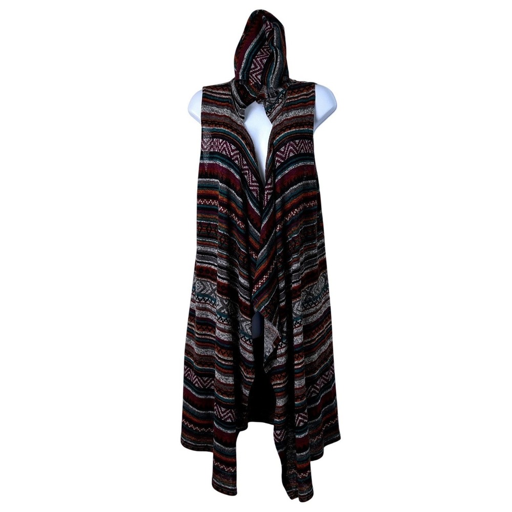 Almost Famous Womens Hooded Cardigan Vest Multicolor Size M Southwestern Boho